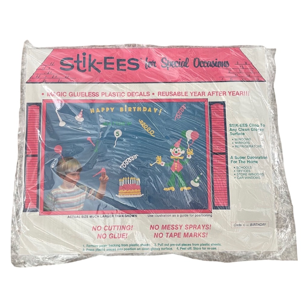 Vtg Stik-ees Window Clings birthday L 90s Teacher School clown balloons cake